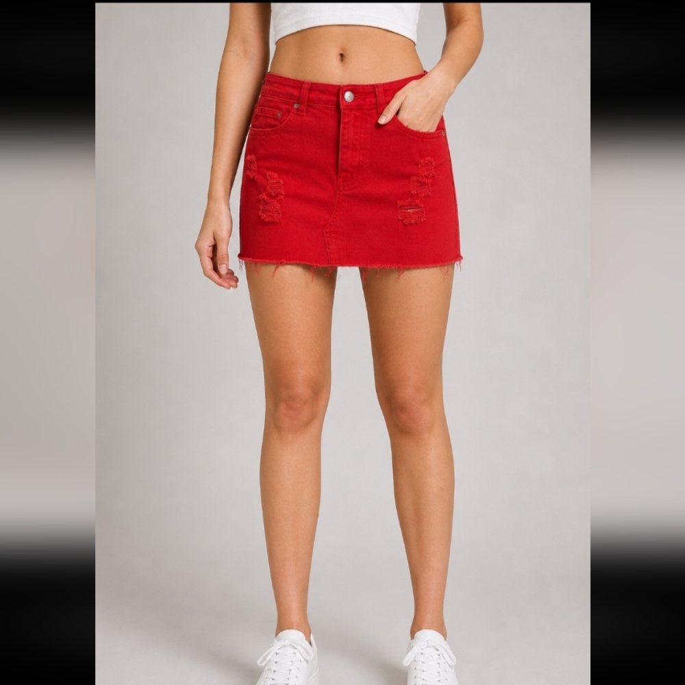 MOMOKROM Womens 6 Red Distressed Jean Mini Skirt